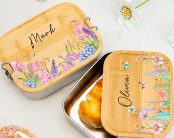 Personalisierte Blumen Lunchbox für Kinder, Back To School Geschenk, Kinder Snackbox mit Namen, Edelstahl Lunchbox, Mädchen Geburtstagsgeschenke