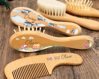 Set personalizzato di spazzola e pettine per capelli da neonata, set di spazzola in legno per neonati, regalo per baby shower, regalo per neomamma, regalo per battesimo di neonata