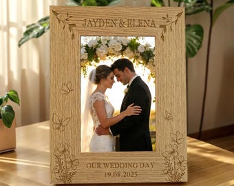 Kundenspezifischer Hochzeitsfotorahmen personalisiertes Hochzeitsgeschenk für Brautpaare, Hochzeitsandenken, Brautpartygeschenk, gravierter Hochzeitsbilderrahmen