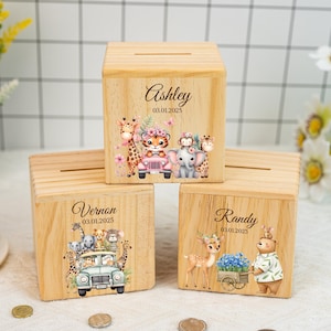 Alcancía personalizada para niña, hucha de madera con nombre, regalo de bautizo, regalo de cumpleaños infantil, caja de ahorros.