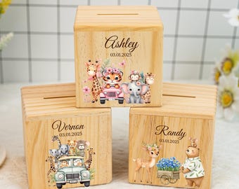 Personalisierte Sparschwein für Baby Tier Spardose, Holz Kasse mit Namen, Taufgeschenke, Kinder Geburtstagsgeschenke, Sparkasse, Ostergeschenke