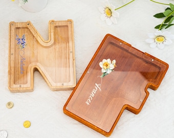 Alphabet Anfangsbuchstaben Bank Personalisierte hölzerne Anfangsbank für Kinder Brief Sparschwein, neues Babypartygeschenk, Geburtstagsgeschenk für Kindergeschenke