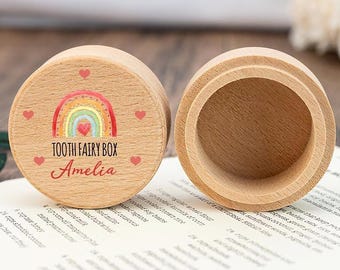 Personalisierte Regenbogen Zahnfee Box, Holzzahn Aufbewahrungsbox, Kinder Zahn Aufbewahrungsbox, neues Baby Kleinkind Mädchen Geschenk, Erinnerungsbox für verlorene Zähne