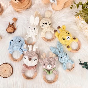 Personalized baby Rattle With Name, Custom Crochet Rattle,Engraved Wooden Animal Crochet Rattle, Handmade Rattle, Baby Shower & Newborn Gift