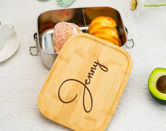 Stainless Steel Bread Box,Custom Lunch Box for Her and Him,Personalized Lunch Box with Name,Wooden Lid Snack Box,Food Container,Kindergarten