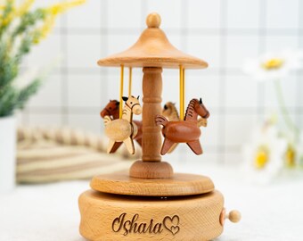 Wooden Music Box,Engraved Name Music Box,Musical Wooden Ballerina Carousel Keepsake,,Baby Shower Gift,Gifts For Kids,Nursery Room Decoration