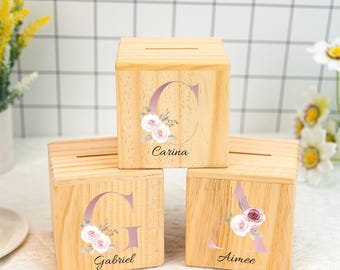 Money Box Girl,Money Box Personalized,Baptism Gift Girl,Piggy Bank Child,Money Box Wood,Savings Bank,Money Box Flowers,Girls Easter Gift