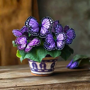 May include: A potted plant with vibrant purple butterfly-shaped flowers. The flowers have white-dotted edges and are set against green leaves. The pot is a light brown with a purple and white design, sitting on a wooden surface.