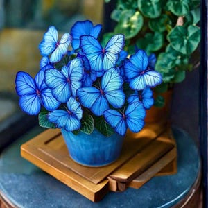 May include: A vibrant arrangement of blue butterfly-shaped flowers in a blue ceramic pot. The flowers have detailed wing patterns and are set on a wooden tray. Green foliage is visible in the background, creating a natural aesthetic.