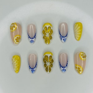 mediterranean inspired nails | summer nails |hand painted press on nails | nail art | fruit nails | vacation nails (medium almond pictured)