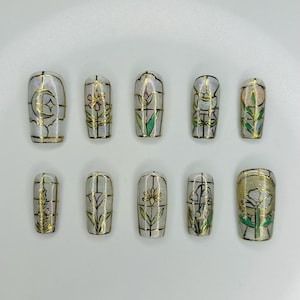 stained glass nails | spring nails | hand painted press on nails | nail art | glitter nails | ethereal nails (medium square pictured)