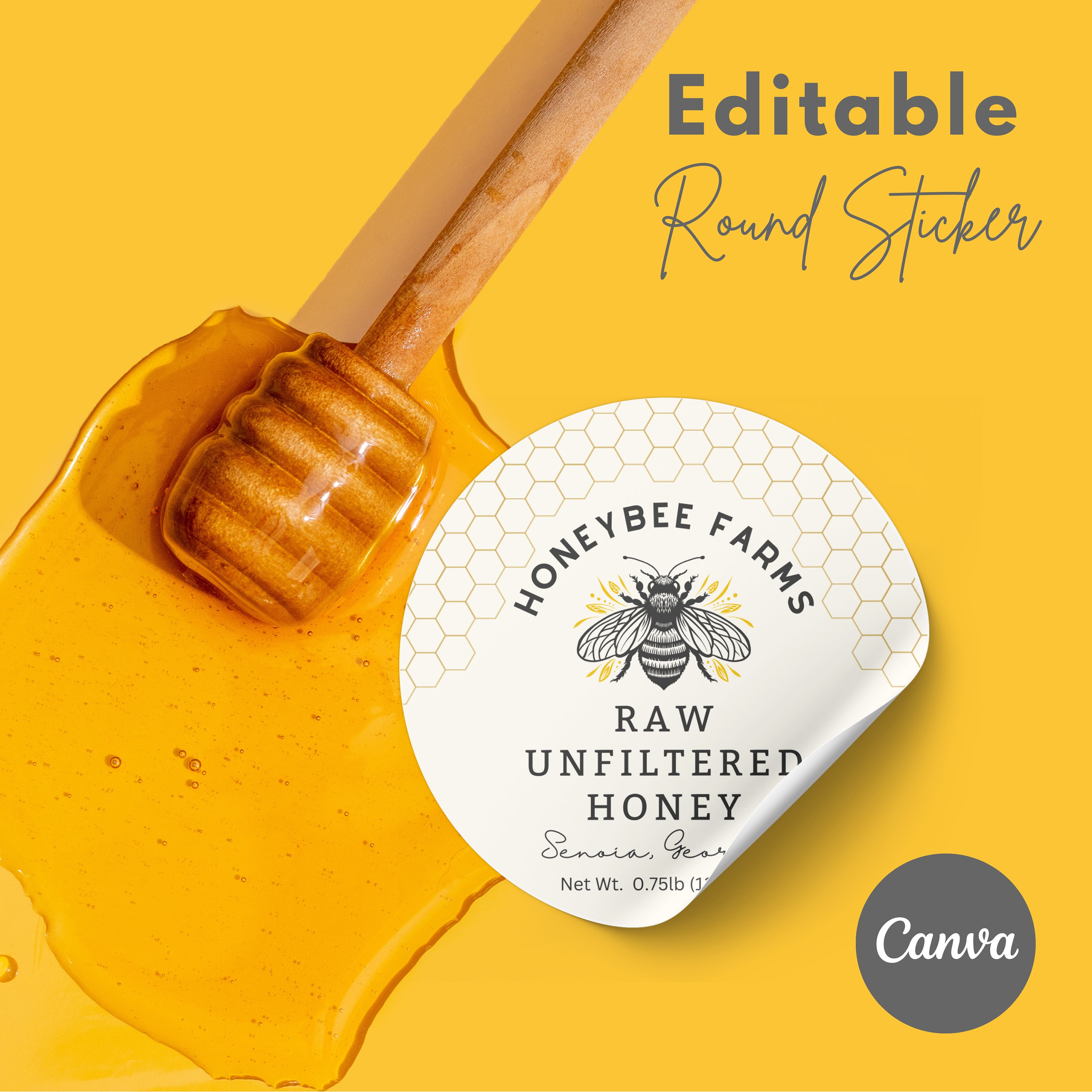 Honey Sticker Template Editable, Bee Label for Honey Jar Lid, 2.5" Round, Custom Honey Wedding Label, Baby Shower Honey Label, Download