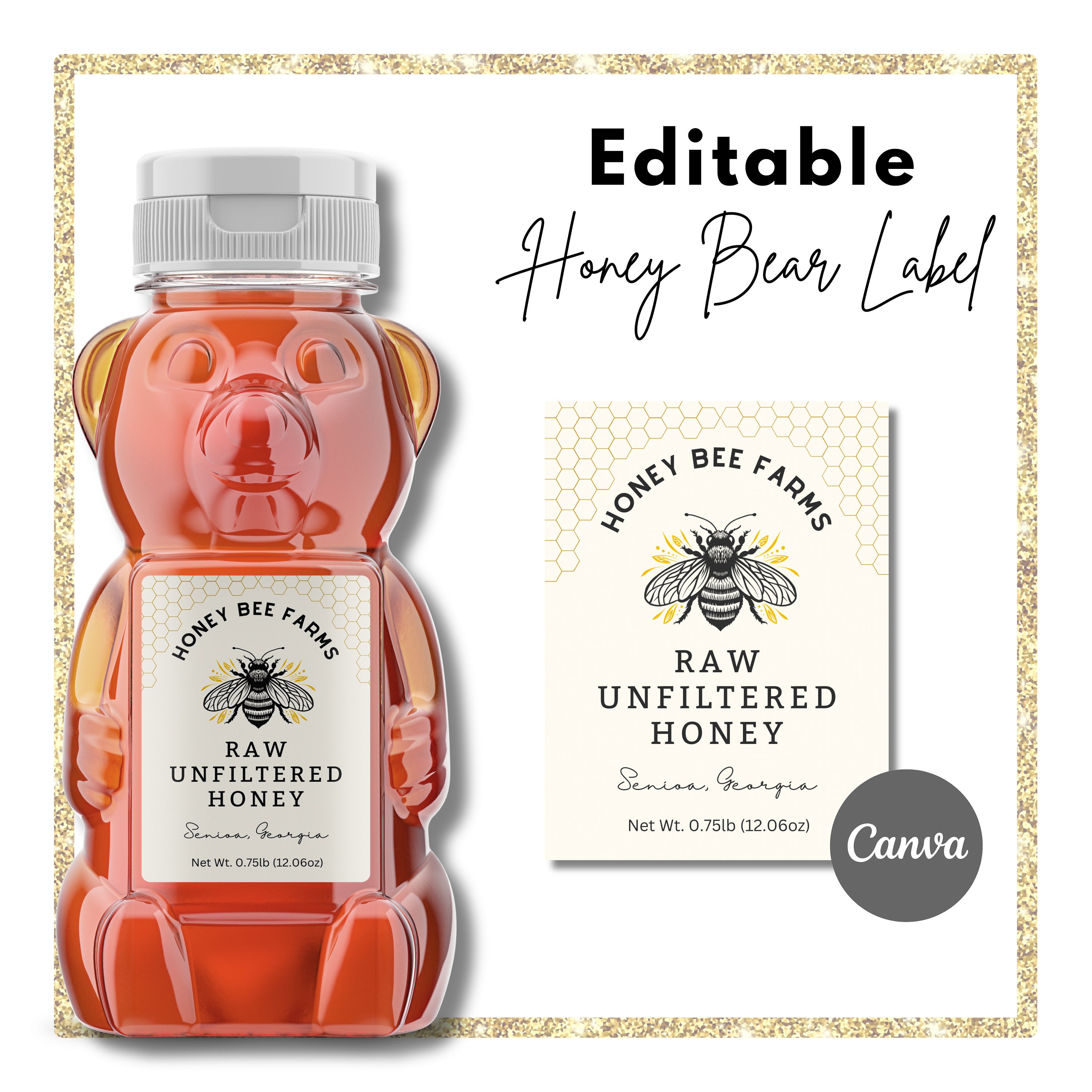 Honey Bear Label Template Editable, Bee Label for Honey Bear Container, Custom Honey Wedding Label, Baby Shower Honey Label, Download, Print
