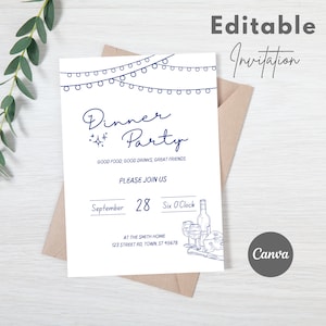 Puede incluir: Invitación editable para una cena el 28 de septiembre a las seis de la tarde. La invitación presenta un diseño azul y blanco con luces de cadena, estrellas y una botella de vino con vasos y queso. El texto dice "Cena" y "Buena comida, buenas bebidas, buenos amigos".