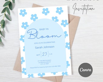 Baby Shower Invitation, Baby in bloom invite, blue baby shower invite, flowers baby shower template, baby boy shower invitation, digital