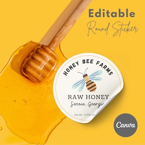 Honey Sticker Template Editable, Bee Label for Honey Jar Lid, 2.5&quot; Round, Custom Honey Wedding Label, Baby Shower Honey Label, Download