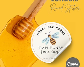 Honey Sticker Template Editable, Bee Label for Honey Jar Lid, 2.5&quot; Round, Custom Honey Wedding Label, Baby Shower Honey Label, Download