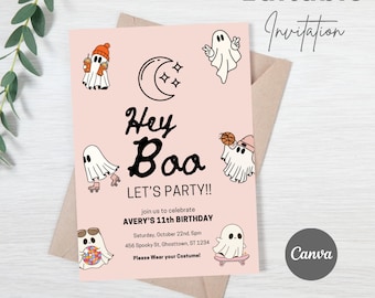 Halloween Birthday Party Invitation template, Hey Boo Invitation, October birthday party, Halloween invite, hey boo print download editable