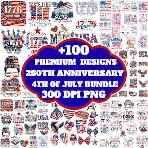 Puede incluir: Un conjunto de dise&ntilde;os patri&oacute;ticos para el 4 de julio, con la bandera estadounidense, &aacute;guilas y elementos de texto. El paquete incluye m&aacute;s de 100 dise&ntilde;os premium, ideal para el 250 aniversario.