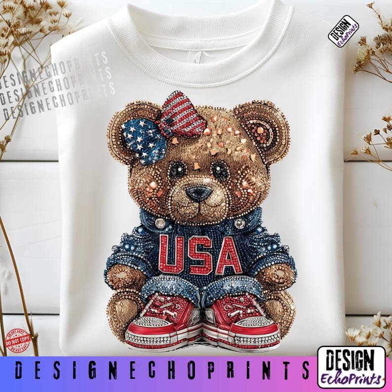 Puede incluir: Una sudadera blanca con una ilustraci&oacute;n detallada de un oso de peluche. El oso est&aacute; adornado con elementos patri&oacute;ticos, incluyendo un lazo con un dise&ntilde;o de estrellas y rayas, una chaqueta vaquera con la inscripci&oacute;n "USA" y zapatillas rojas. El dise&ntilde;o incorpora pedrer&iacute;a.