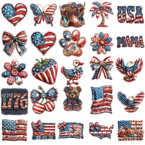 Puede incluir: Una colecci&oacute;n de dise&ntilde;os con tem&aacute;tica patri&oacute;tica estadounidense, con la bandera americana, corazones, lazos y otros s&iacute;mbolos de Americana. Los dise&ntilde;os son en rojo, blanco y azul, con una est&eacute;tica vintage y desgastada. Incluye un oso con una camiseta de USA, un pato y la palabra "MAMA".
