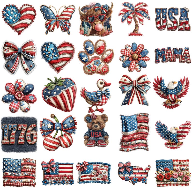 Puede incluir: Una colecci&oacute;n de dise&ntilde;os con tem&aacute;tica patri&oacute;tica estadounidense, con la bandera americana, corazones, lazos y otros s&iacute;mbolos de Americana. Los dise&ntilde;os son en rojo, blanco y azul, con una est&eacute;tica vintage y desgastada. Incluye un oso con una camiseta de USA, un pato y la palabra "MAMA".