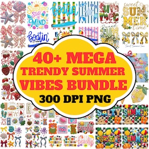 May include: A vibrant collection of summer-themed graphics, including bows, seashells, and text elements like "Sunshine State of Mind" and "Sweet Summer Time." The image features a large yellow cloud with the text "40+ MEGA TRENDY SUMMER VIBES BUNDLE 300 DPI PNG."
