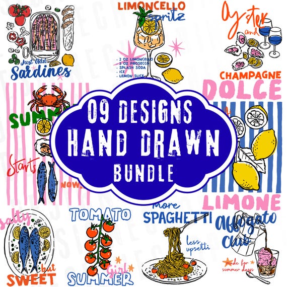 Summer Food Drink PNG Bundle, Hand Drawn PNG, Italian Limoncello Affogato, Tomato Girl Spaghetti DTF, Coastal Aesthetic (Digital Download)