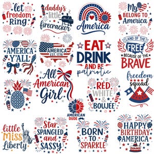 Puede incluir: Una colecci&oacute;n de dise&ntilde;os patri&oacute;ticos en rojo, blanco y azul. Los dise&ntilde;os incluyen textos como "America", "Freedom" y "Happy Birthday America", junto con fuegos artificiales, estrellas y otros elementos festivos.