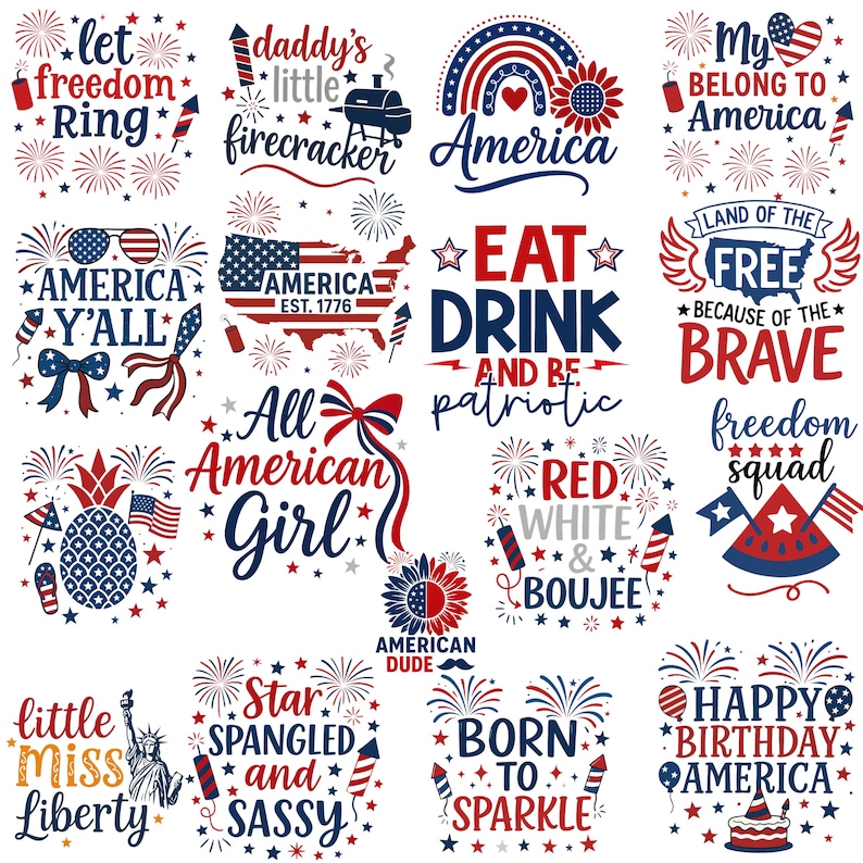 Puede incluir: Una colecci&oacute;n de dise&ntilde;os patri&oacute;ticos en rojo, blanco y azul. Los dise&ntilde;os incluyen textos como "America", "Freedom" y "Happy Birthday America", junto con fuegos artificiales, estrellas y otros elementos festivos.