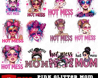 Hot Mess Mom PNG Bundle: Glitter Leopard Sublimation Designs (Digital Download)