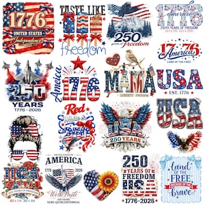 Puede incluir: Una colecci&oacute;n de dise&ntilde;os patri&oacute;ticos con la bandera estadounidense, &aacute;guilas y los n&uacute;meros 1776 y 250. Los dise&ntilde;os incluyen texto como "USA", "Freedom" y "Land of the Free", en colores rojo, blanco y azul. Los dise&ntilde;os celebran la independencia estadounidense.