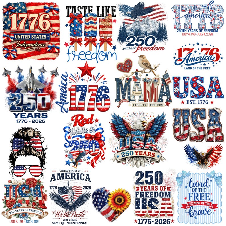 Puede incluir: Una colecci&oacute;n de dise&ntilde;os patri&oacute;ticos con la bandera estadounidense, &aacute;guilas y los n&uacute;meros 1776 y 250. Los dise&ntilde;os incluyen texto como "USA", "Freedom" y "Land of the Free", en colores rojo, blanco y azul. Los dise&ntilde;os celebran la independencia estadounidense.