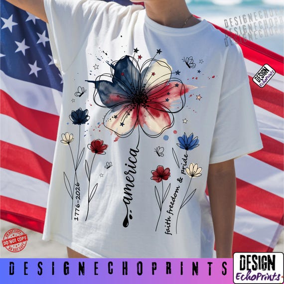 Boho Floral USA 250th Anniversary PNG, 1776-2026 America Flower Art, Patriotic Wildflower Design, 4th of July Boho Shirt, Digital Download