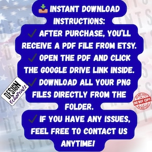 Puede incluir: Un gr&aacute;fico azul con texto blanco que proporciona instrucciones de descarga instant&aacute;nea. El texto incluye los pasos para descargar archivos despu&eacute;s de la compra, incluyendo la apertura de un PDF y hacer clic en un enlace de Google Drive. La imagen tambi&eacute;n presenta un logotipo y un sello "Do Not Copy".