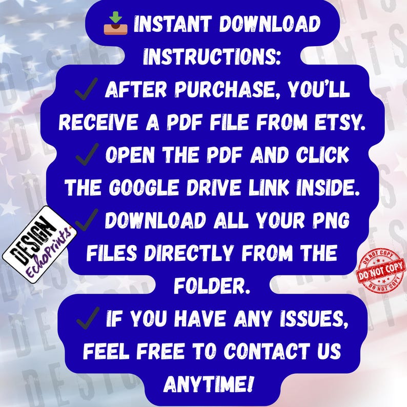Puede incluir: Un gr&aacute;fico azul con texto blanco que proporciona instrucciones de descarga instant&aacute;nea. El texto incluye los pasos para descargar archivos despu&eacute;s de la compra, incluyendo la apertura de un PDF y hacer clic en un enlace de Google Drive. La imagen tambi&eacute;n presenta un logotipo y un sello "Do Not Copy".