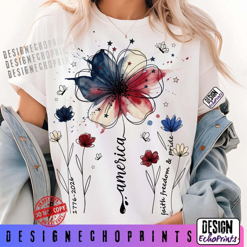 K&ouml;nnte beinhalten: Wei&szlig;es T-Shirt mit einem floralen Design in den Farben Rot, Wei&szlig; und Blau. Das Wort "america" ist in Schreibschrift geschrieben. Das Design enth&auml;lt auch den Text "faith freedom & pride" und "1776-2026" sowie Schmetterlinge und Sterne.