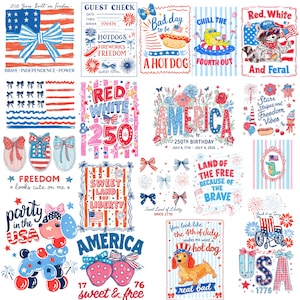 Puede incluir: Una colecci&oacute;n de ilustraciones patri&oacute;ticas con temas de la bandera estadounidense y el D&iacute;a de la Independencia. Los dise&ntilde;os incluyen textos como "America" y "Freedom", junto con im&aacute;genes de fuegos artificiales, perritos calientes y personajes de dibujos animados.