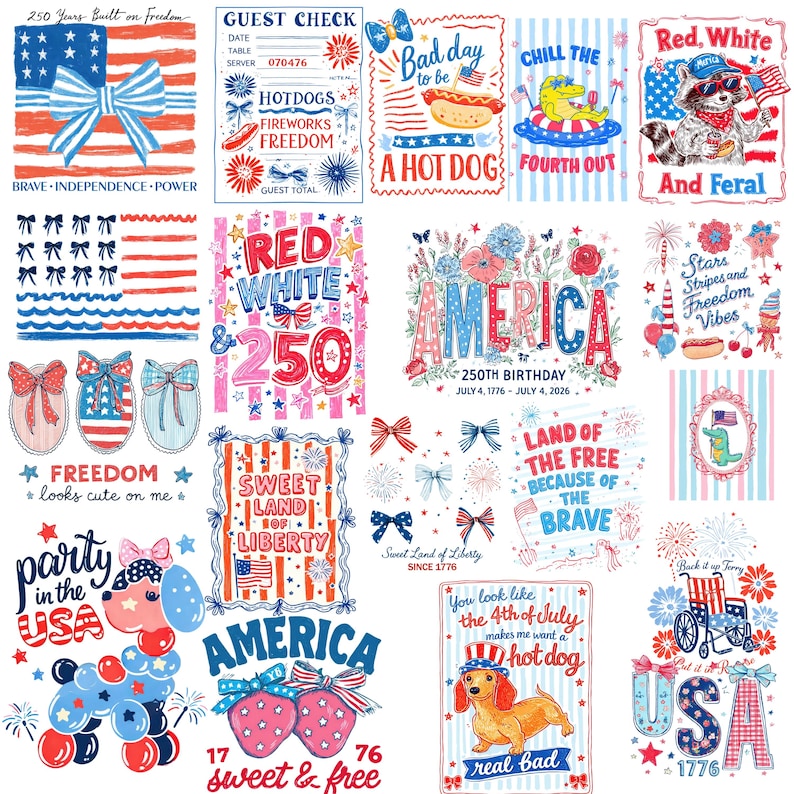 Puede incluir: Una colecci&oacute;n de ilustraciones patri&oacute;ticas con temas de la bandera estadounidense y el D&iacute;a de la Independencia. Los dise&ntilde;os incluyen textos como "America" y "Freedom", junto con im&aacute;genes de fuegos artificiales, perritos calientes y personajes de dibujos animados.
