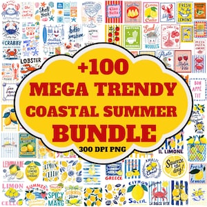 以下が含まれることがあります： 100以上のトレンドの海岸と夏のデザインを特徴とするデジタルアートバンドル。レモン、カクテル、カニ、航海要素のイラストが含まれており、「Hello Sunshine」や「Squeeze the day!」などのテキストがあります。