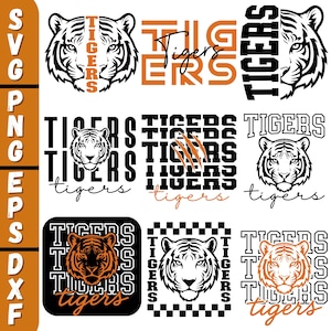 May include: A collection of tiger-themed graphics in black and orange. Designs include tiger faces, the word "Tigers" in various fonts, and tiger claw marks. Formats include SVG, PNG, EPS, and DXF.