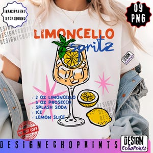 Puede incluir: Camiseta blanca con una colorida ilustraci&oacute;n de un c&oacute;ctel Limoncello Spritz. El dise&ntilde;o incluye una copa grande con hielo, una rodaja de lim&oacute;n y menta, junto con la receta. El texto dice "Limoncello Spritz".