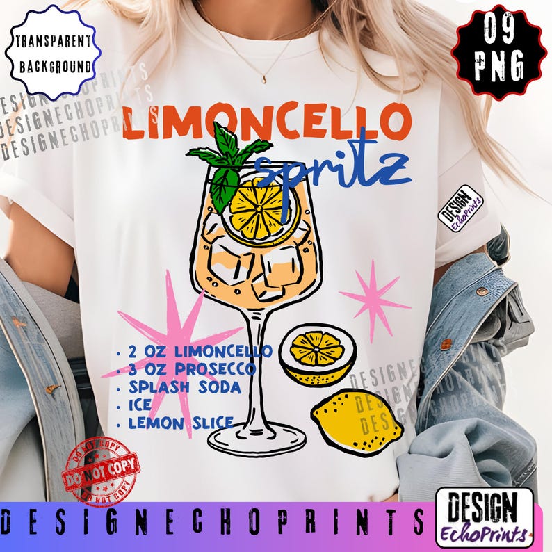 Puede incluir: Camiseta blanca con una colorida ilustraci&oacute;n de un c&oacute;ctel Limoncello Spritz. El dise&ntilde;o incluye una copa grande con hielo, una rodaja de lim&oacute;n y menta, junto con la receta. El texto dice "Limoncello Spritz".
