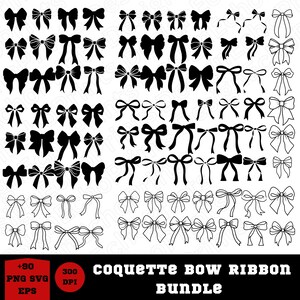 Puede incluir: Una colección de más de 90 diseños de lazos de cinta en blanco y negro. Los lazos varían en tamaño y estilo, incluyendo versiones sólidas y delineadas. También incluye el texto "coquette BOW RIBBON BUNDLE".