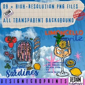 Puede incluir: Ilustraci&oacute;n digital con c&oacute;ctel Limoncello Spritz, sardinas, tomates y limones. El texto incluye "Just Add Sardines" y "09 x High-Resolution PNG Files". El fondo es un cielo azul con nubes.