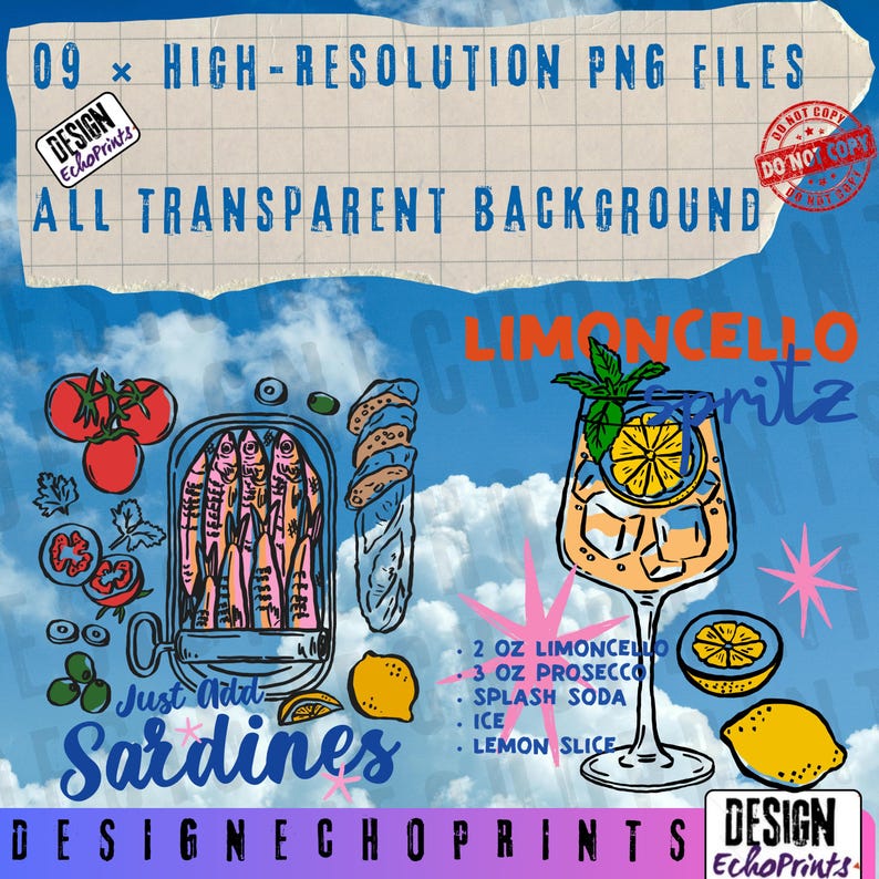 Puede incluir: Ilustraci&oacute;n digital con c&oacute;ctel Limoncello Spritz, sardinas, tomates y limones. El texto incluye "Just Add Sardines" y "09 x High-Resolution PNG Files". El fondo es un cielo azul con nubes.