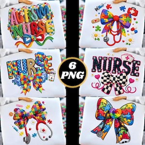 May include: Six white t-shirts featuring nurse-themed designs. The designs include colourful bows, puzzle pieces, stethoscopes, and the words "Autism Nurse" and "Nurse". The designs are in various colours, including red, blue, green, and yellow.