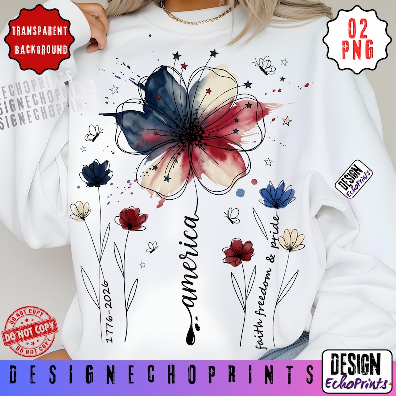 K&ouml;nnte beinhalten: Wei&szlig;es Sweatshirt mit einem floralen Design in den Farben Rot, Wei&szlig; und Blau. Das Wort "america" ist in Schreibschrift gehalten, mit den Texten "1776-2026" und "faith freedom & pride". Das Design umfasst Schmetterlinge und Sterne.