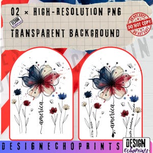 K&ouml;nnte beinhalten: Zwei hochaufl&ouml;sende PNG-Bilder mit transparentem Hintergrund. Jedes Bild zeigt ein Aquarell-Blumenmuster in Rot, Wei&szlig; und Blau, mit dem Wort "america" in Schreibschrift. Zus&auml;tzlicher Text enth&auml;lt "1776-2026" und "faith freedom & pride".
