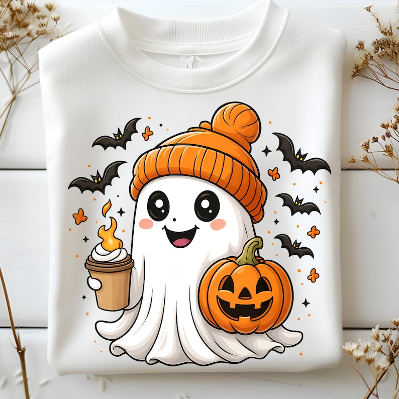 May include: White sweatshirt featuring a cartoon ghost wearing an orange beanie and holding a coffee cup and a jack-o'-lantern. Black bats and orange butterflies surround the ghost, creating a festive Halloween theme.